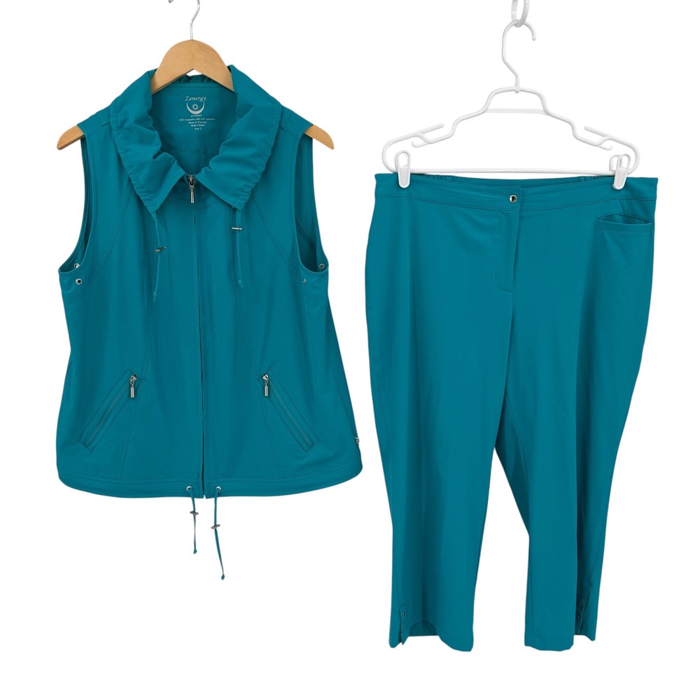 Chicos Zenergy Vest Pants Set Women 12 Teal Blue Zip Performance Athleisure Golf